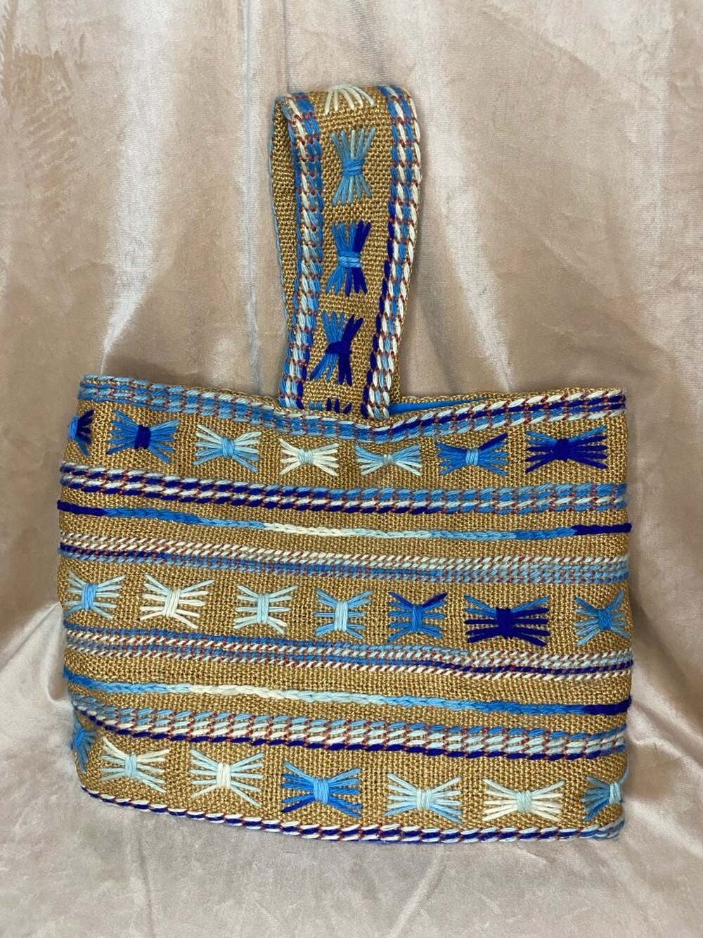 Vintage Handmade Embroidered Burlap Boho Tote Bag with Blue Bow Motifs